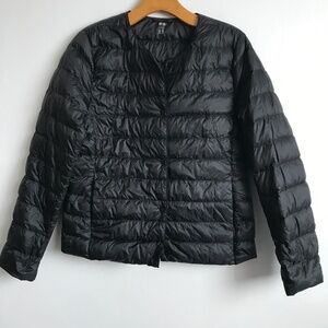 Uniqlo Womens Puffer Jacket Down Filled Black Long Sleeve Snap Button Womens M